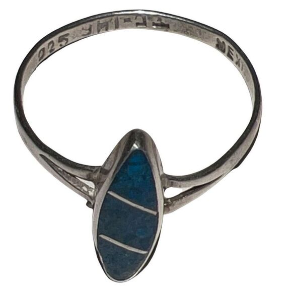 Sterling Silver 925 Ring Mexico Southwest Marquise Crushed Turquoise Jewelry - Picture 3 of 4